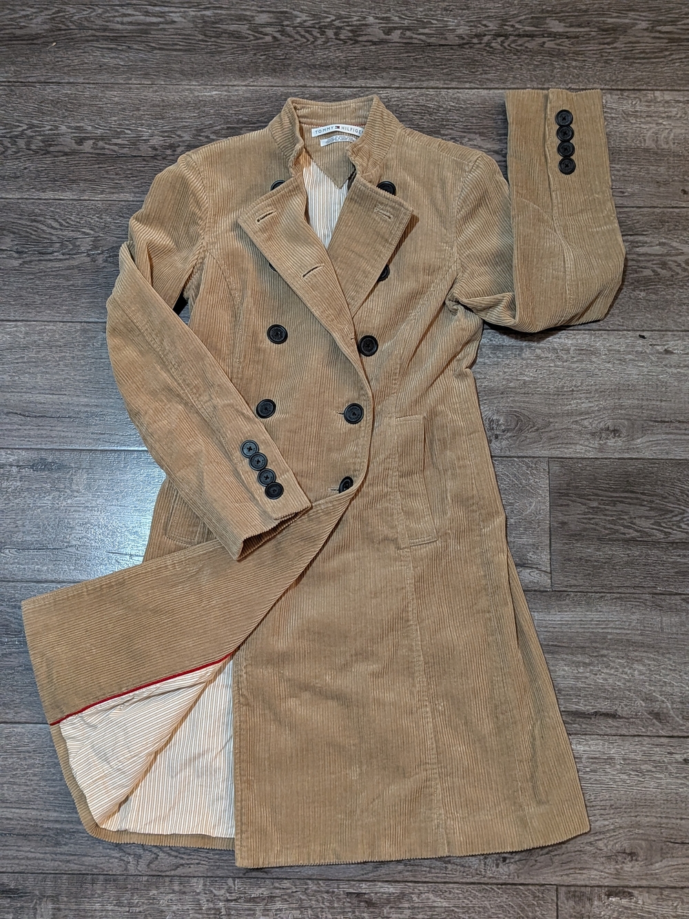 Tommy Hilfiger Corduroy Trench Coat Womens XS Tan Camel Double Breasted Long
